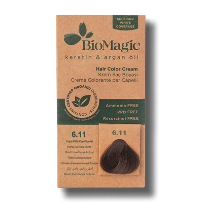 BioMagic Hair Color Cream Intense Ash Dark Brown No: 6.11 packaging and product view - BioMagic