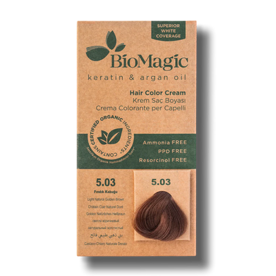 BioMagic Hair Color Cream Hazelnut Brown No: 5.03 packaging and product