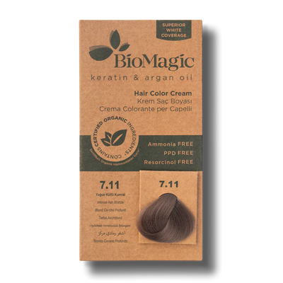 BioMagic Hair Color Cream Intense Ash Dark Blonde No: 7.11 packaging and product
