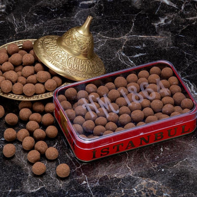 H. Mustafa Cinnamon Hazelnut Chocolate Dragee 350g Large Metal Tin