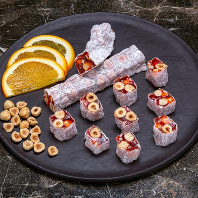H. Mustafa Orange & Hazelnut Roll Turkish Delight 1kg Tin