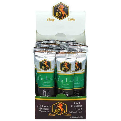 Q7 Coffee with Hazelnut – angled view of box with sachets partially revealed for presentation and detail - Q7