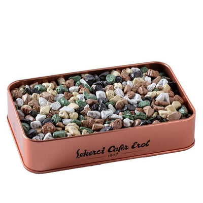 Sekerci Cafer Erol Chocolate Pebble Dragees Bronze Tin 300g - Sekerci Cafer Erol