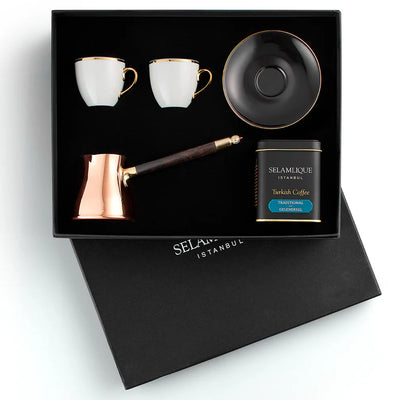 Selamlique Turkish Coffee, Copper Cezve and Classic Black Cup Gift Set