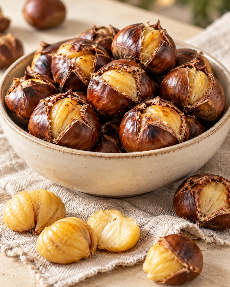 Illustrative roasted chestnuts with split shells and peeled kernels beside a cream bowl - Image 3