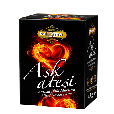 Balsarayi Ask Atesi Mixed Herbal Paste 43g – Premium herbal blend in a sealed glass jar for romantic moments