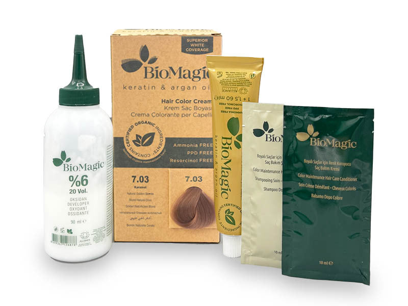 Translation missing: ar.BioMagic Hair Color Cream Caramel Blonde No: 7.03 packaging and product - BioMagic - accessibility.image_number 3