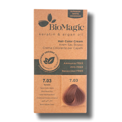 BioMagic Hair Color Cream Caramel Blonde No: 7.03 packaging and product - BioMagic