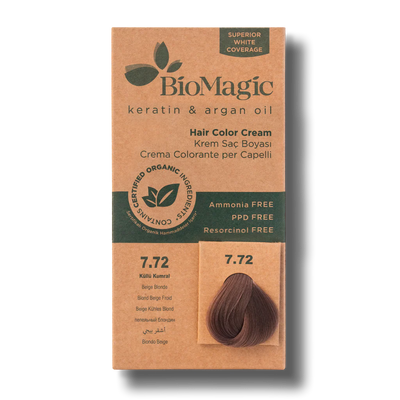 BioMagic Hair Color Cream Ash Brown No: 7.72 packaging and product view - BioMagic