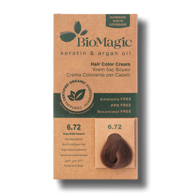 BioMagic Hair Color Cream Dark Ash Brown No: 6.72 packaging and product view - BioMagic