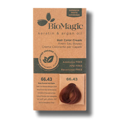 BioMagic Hair Color Cream Dark Brown Red Copper No: 66.43 packaging and product view - BioMagic