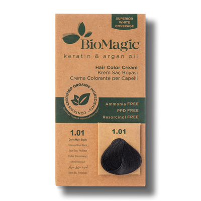 BioMagic Hair Color Cream Deep Blue Black No: 1.01 packaging and product view - BioMagic