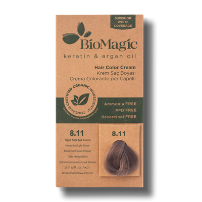 BioMagic Hair Color Cream Intense Ash Light Brown No: 8.11 packaging and product view - BioMagic