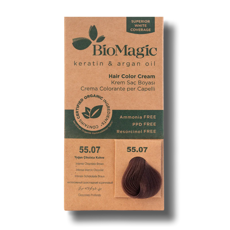 Translation missing: ar.BioMagic Hair Color Cream Intense Chocolate Brown No: 55.07 packaging and product view - BioMagic - accessibility.image_number 1