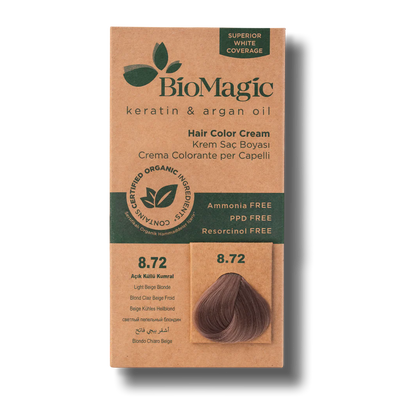 BioMagic Hair Color Cream Light Ash Brown No: 8.72 packaging and product view - BioMagic