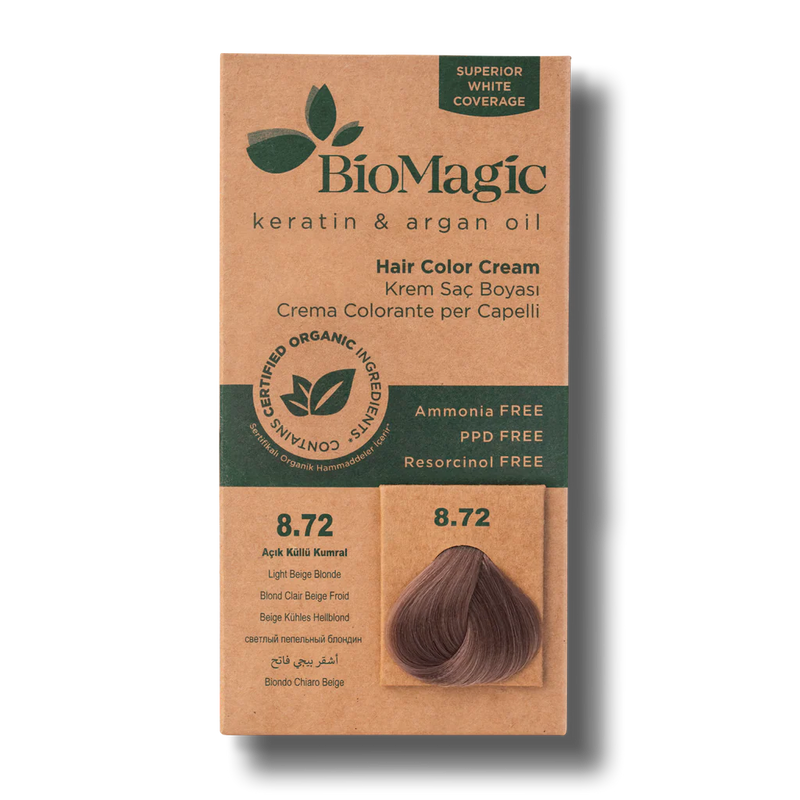 Translation missing: ar.BioMagic Hair Color Cream Light Ash Brown No: 8.72 packaging and product view - BioMagic - accessibility.image_number 1