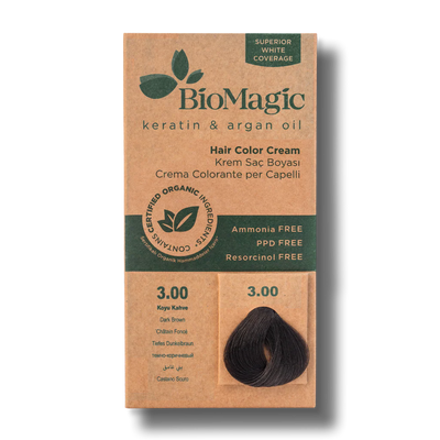BioMagic Hair Color Cream Dark Brown No: 3.00 packaging and product - BioMagic