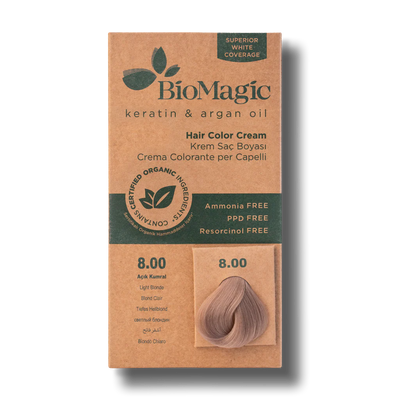 BioMagic Hair Color Cream Light Blonde No: 8.00 packaging and product - BioMagic