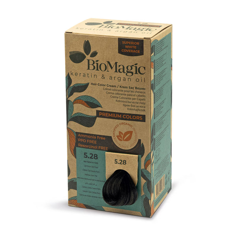 BioMagic Premium Hair Color Cream Light Brown Pearl Ash No: 5/28 packaging and product view - BioMagic