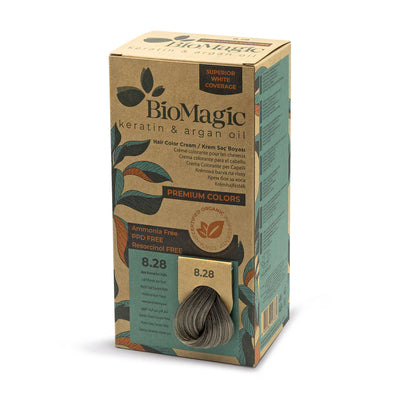 BioMagic Premium Hair Color Cream Light Brown Pearl Ash No: 8/28 packaging and product view - BioMagic