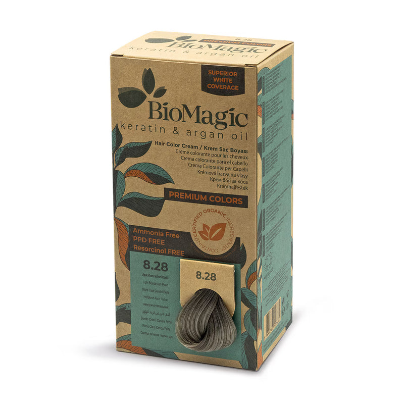 BioMagic Premium Hair Color Cream Light Brown Pearl Ash No: 8/28 packaging and product view - BioMagic