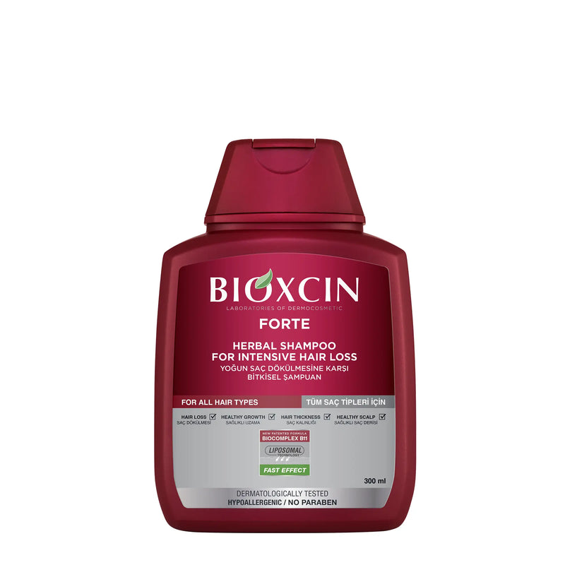 Bioxcin Forte Herbal Shampoo Against Hair Loss for All Hair Types 300 ml packaging and product view - Image 2