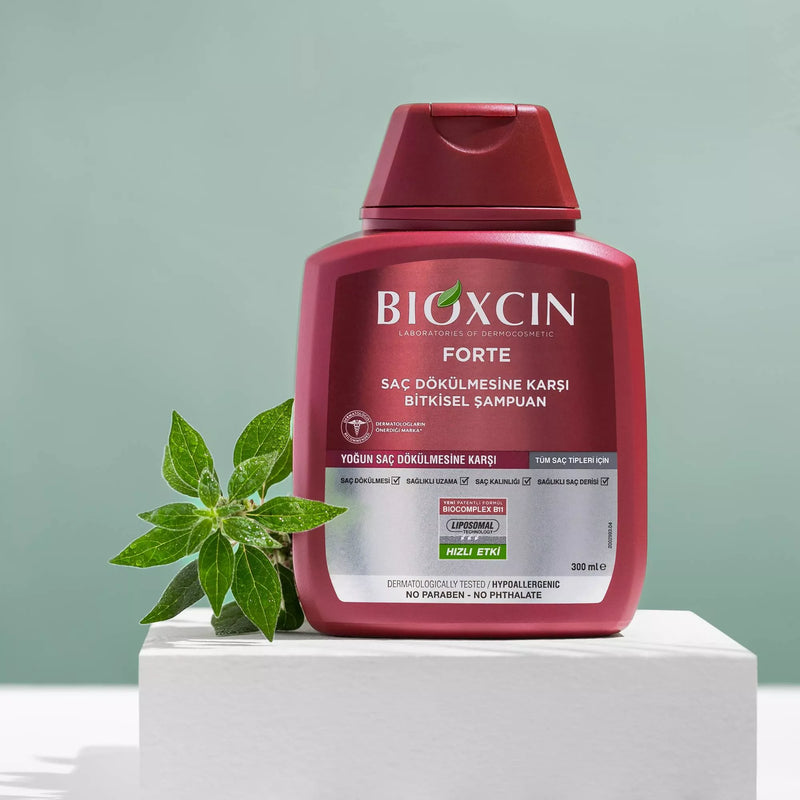 Bioxcin Forte Herbal Shampoo Against Hair Loss for All Hair Types 300 ml packaging and product view - Image 5