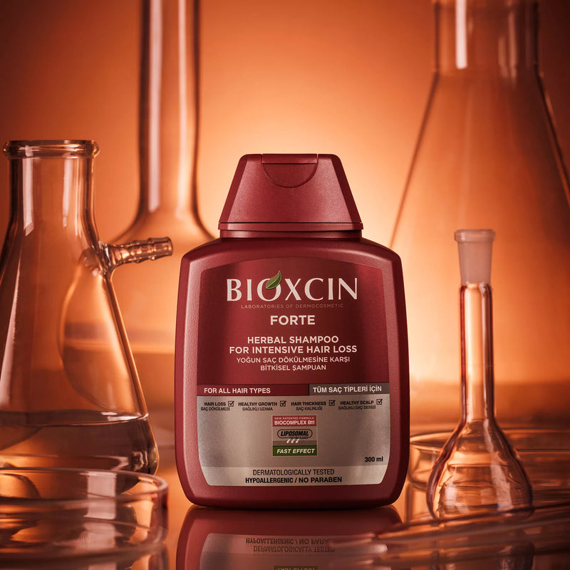 Bioxcin Forte Herbal Shampoo Against Hair Loss for All Hair Types 300 ml packaging and product view - Image 4