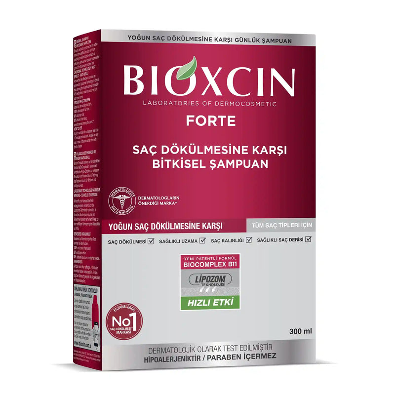 Bioxcin Forte Herbal Shampoo Against Hair Loss for All Hair Types 300 ml packaging and product view - Image 1