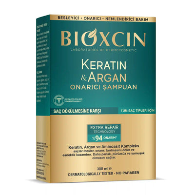 Bioxcin Keratin & Argan Repairing Shampoo 300 ml packaging and product view - Bioxcin