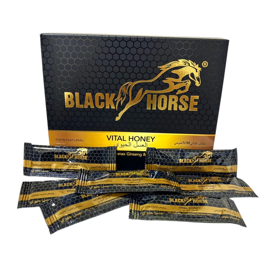 Black Horse Vital Honey 10g herbal honey sachets and product packaging