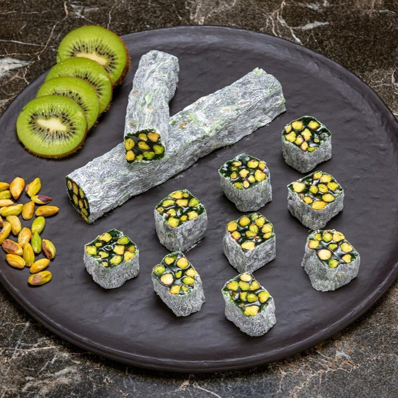 H. Mustafa Kiwi & Pistachio Roll Turkish Delight 1kg Tin