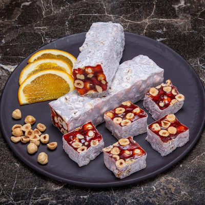 H. Mustafa Orange Hazelnut Brittle Turkish Delight 1kg Tin - H. Mustafa