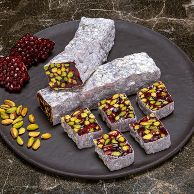 H. Mustafa Pomegranate Pistachio Brittle Turkish Delight 1kg Tin - H. Mustafa
