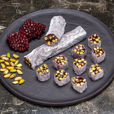 H. Mustafa Pomegranate & Pistachio Roll Turkish Delight 1kg Tin - H. Mustafa