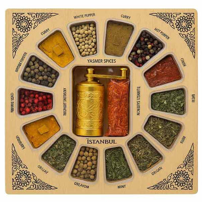 Hazer Baba Turkish Spice Set 16-Piece Wooden Box Premium Collection with Golden Grinder - Hazer Baba