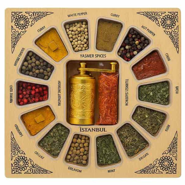 Hazer Baba Turkish Spice Set 16-Piece Wooden Box Premium Collection with Golden Grinderهازر بابا طقم توابل تركي 16 قطعة مجموعة بهارات فاخرة في صندوق خشبي مع مطحنة ذهبية من Hazer Baba | العافية