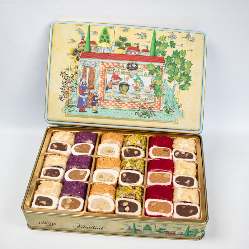 Lokum Atolyesi Hurrem Sultan assorted Turkish delight metal tin 600g with pistachios hazelnuts almonds sesame - Lokum Atolyesi - Image 1