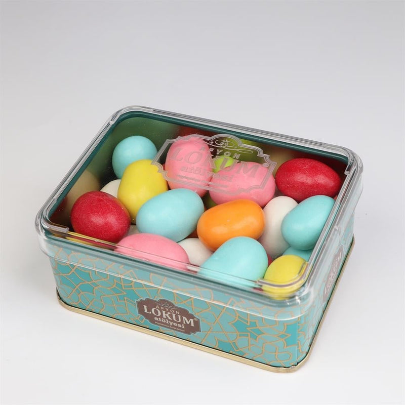 Lokum Atolyesi metallic mix almond chocolate dragee gluten-free vegan 170g metal tin - صورة 1
