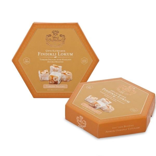 Sekerci Cafer Erol Double Roasted Hazelnut Turkish Delight Hexagon Box 300g - Sekerci Cafer Erol - Image 2