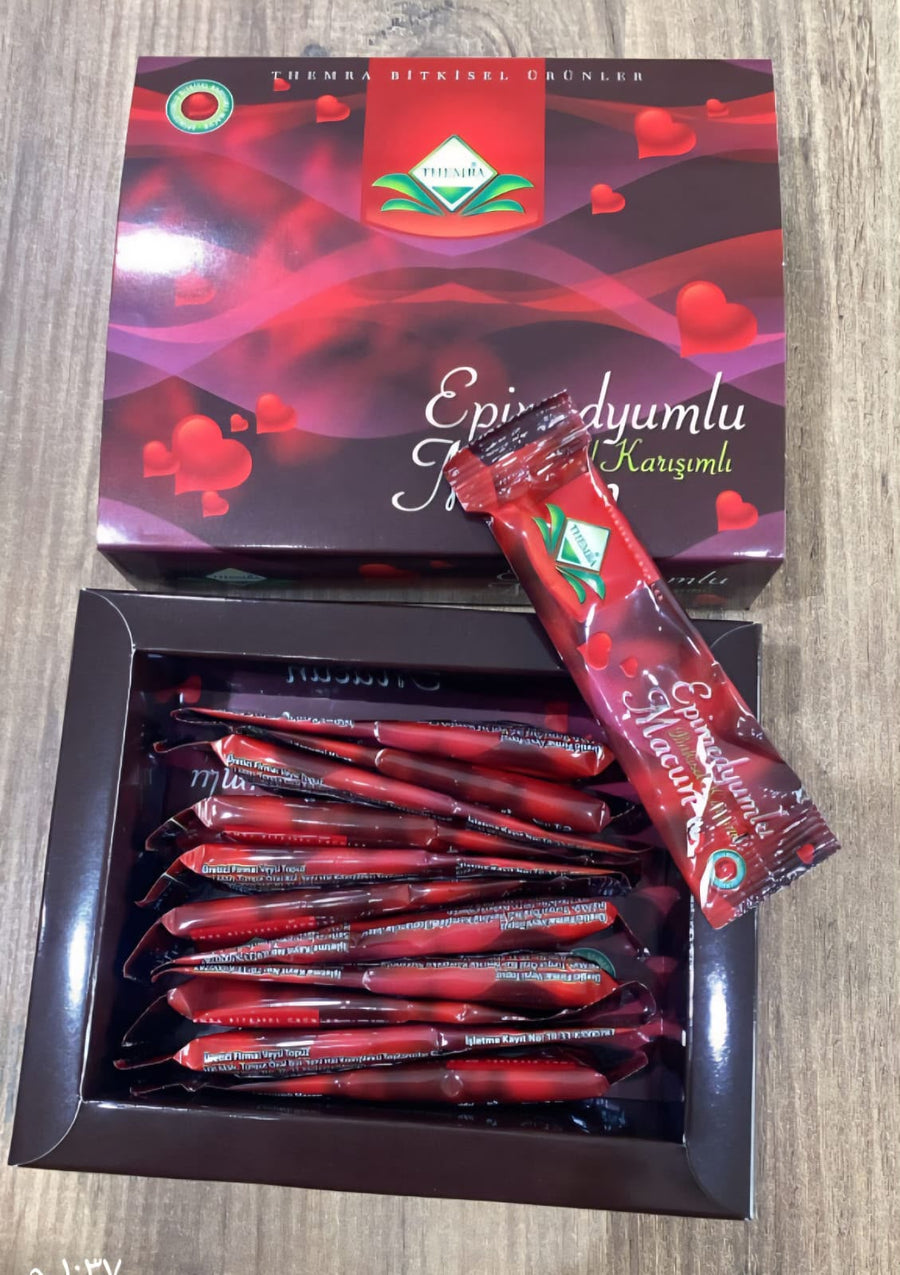 Open Themra Epimedium herbal paste box showing individually packed red sachets and outer packaging