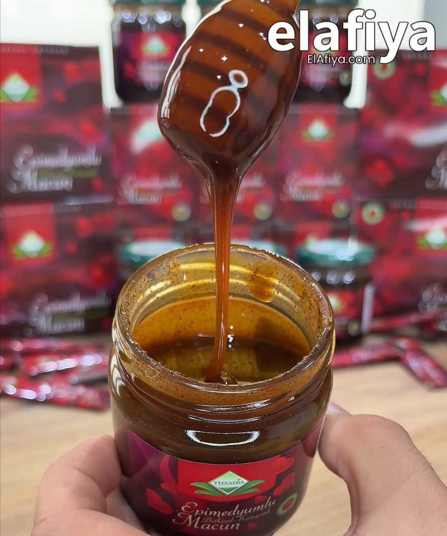Themra Epimedium Macun Turkish honey paste served with a spoon showing thick texture